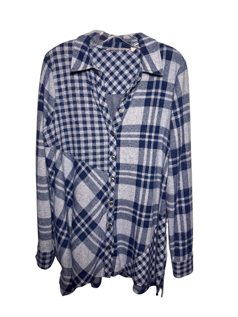 Soft Surroundings women’s  L Regular Blue/White Plaid Flannel Button-Up